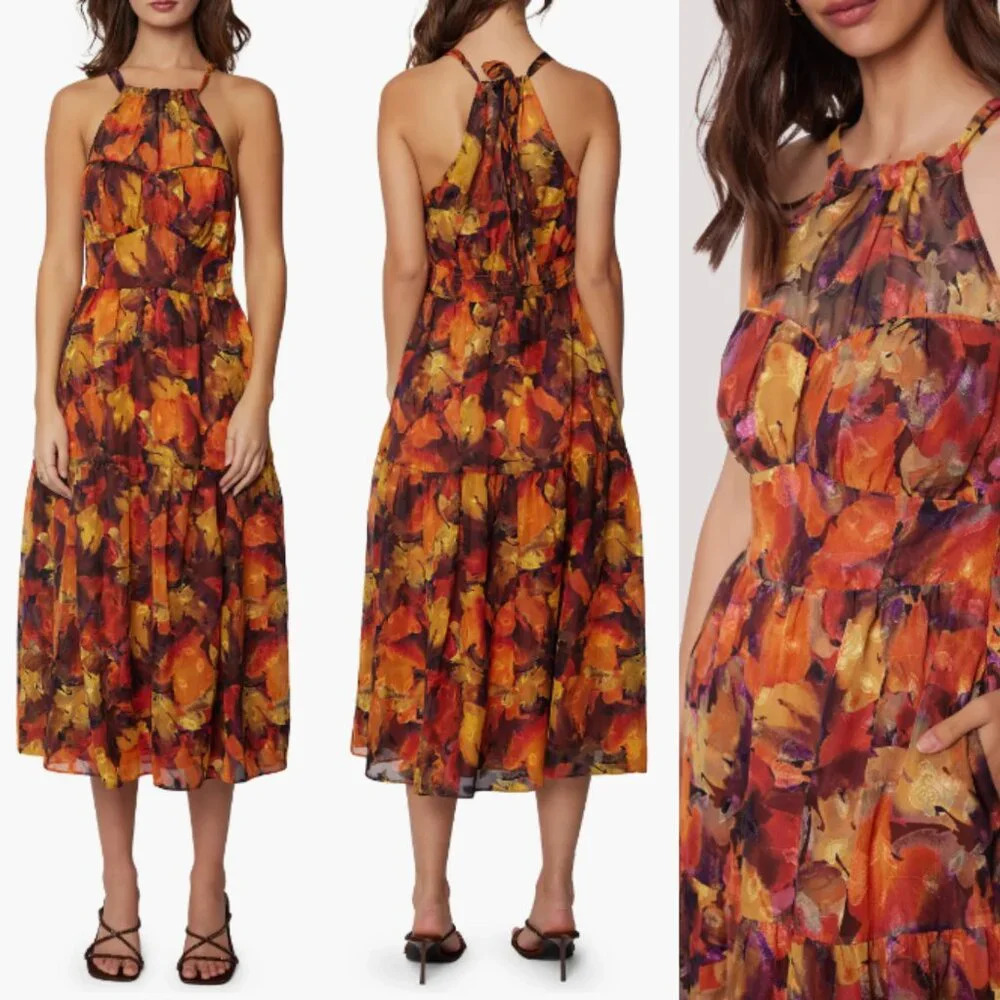 New! Lost + Wander Surreal Metallic Orange Floral Midi Dress nwt 22425